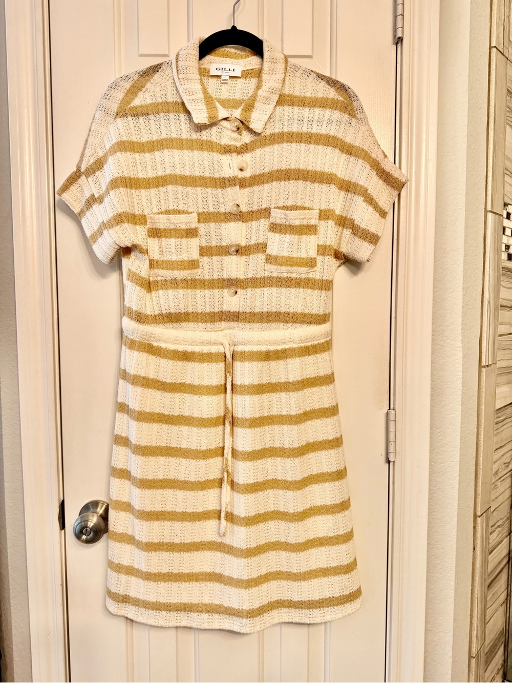 Gilli Cream and Tan Striped Knit Polo Dress with skirt lining